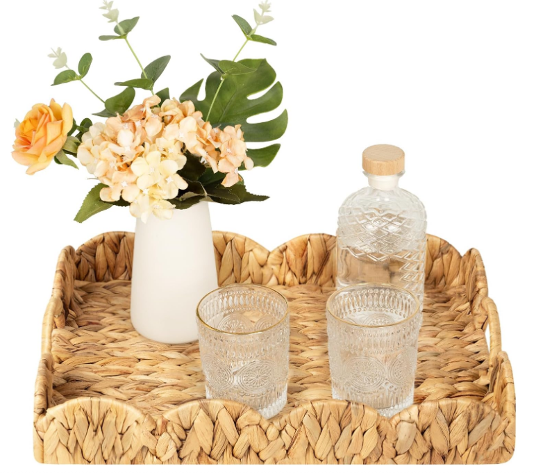 Scalloped Tray, Wicker Tray with Handles, Woven Square Rattan Tray, Scallop Basket Table Décor Trays, Water Hyacinth Rattan Serving Tray for Ottoman Decorative and Organizer Trays