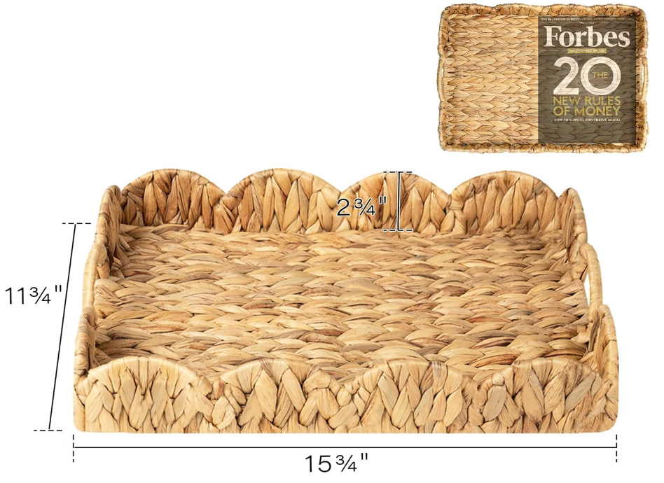 Scalloped Tray, Wicker Tray with Handles, Woven Square Rattan Tray, Scallop Basket Table Décor Trays, Water Hyacinth Rattan Serving Tray for Ottoman Decorative and Organizer Trays