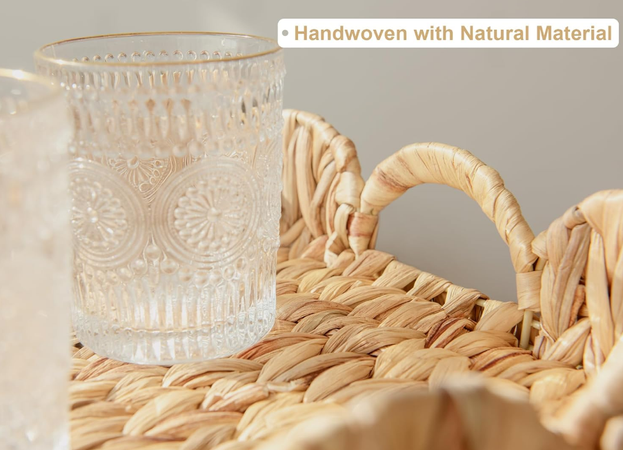 Scalloped Tray, Wicker Tray with Handles, Woven Square Rattan Tray, Scallop Basket Table Décor Trays, Water Hyacinth Rattan Serving Tray for Ottoman Decorative and Organizer Trays