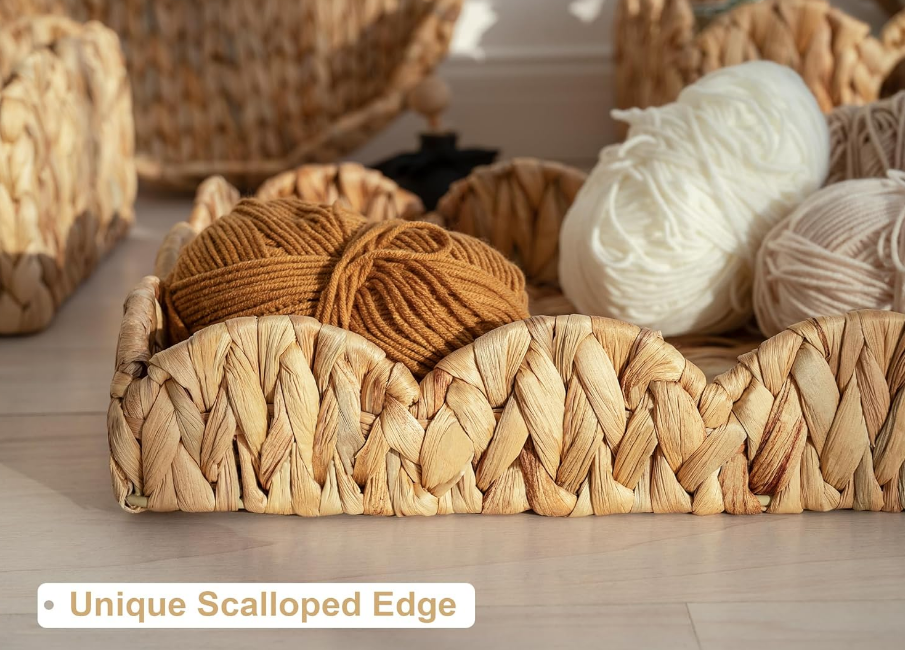 Scalloped Tray, Wicker Tray with Handles, Woven Square Rattan Tray, Scallop Basket Table Décor Trays, Water Hyacinth Rattan Serving Tray for Ottoman Decorative and Organizer Trays