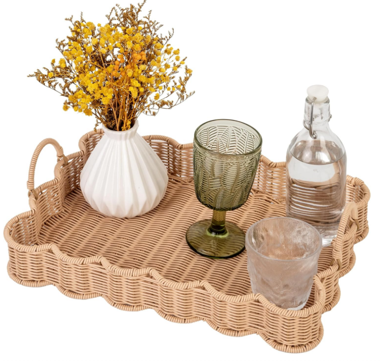 Scalloped Edge Rectangle Wicker Serving Tray, Coffee Table Tray, Serving Trays with Handles, Decorative Tray for Entryway, Coffee Table, Woven Tray for Serving, 15 ¾"×11 ½"×2 ¼"