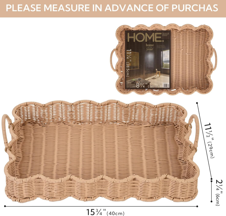 Scalloped Edge Rectangle Wicker Serving Tray, Coffee Table Tray, Serving Trays with Handles, Decorative Tray for Entryway, Coffee Table, Woven Tray for Serving, 15 ¾"×11 ½"×2 ¼"
