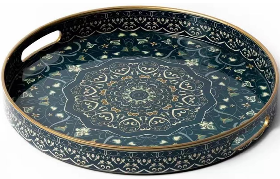 Round Serving Tray with Handles - Round Ottoman Tray Round Coffee Table Tray,Round Plastic Serving Tray,Dark Blue Boho Tray for Bathroom,Kitchen and Bedroom