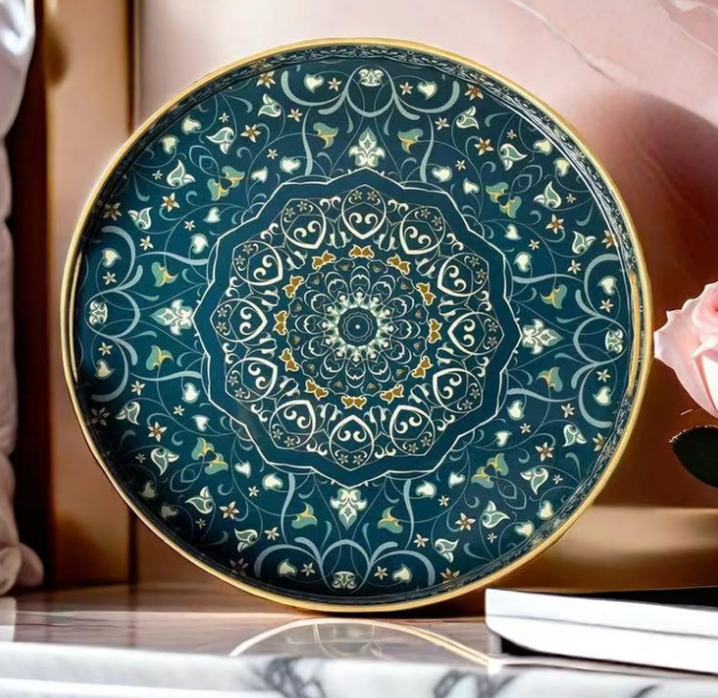 Round Serving Tray with Handles - Round Ottoman Tray Round Coffee Table Tray,Round Plastic Serving Tray,Dark Blue Boho Tray for Bathroom,Kitchen and Bedroom