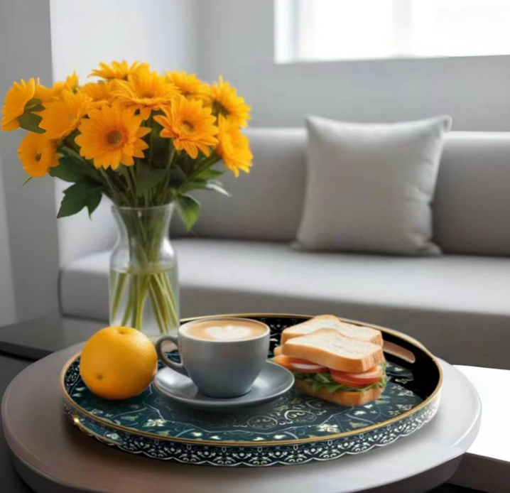Round Serving Tray with Handles - Round Ottoman Tray Round Coffee Table Tray,Round Plastic Serving Tray,Dark Blue Boho Tray for Bathroom,Kitchen and Bedroom