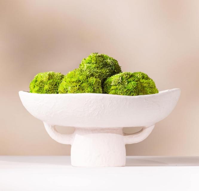 Luxurious White Textured Ceramic Bowl and Greenery Set,12.5x10.5 Inch Pedestal Decorative Bowl, with 6 Green Succulent Moss Balls, Counter Top, Farmhouse Table Centerpiece, Living Room, Kitchen Decor