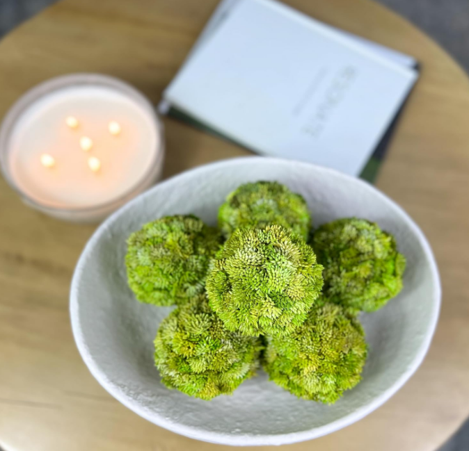 Luxurious White Textured Ceramic Bowl and Greenery Set,12.5x10.5 Inch Pedestal Decorative Bowl, with 6 Green Succulent Moss Balls, Counter Top, Farmhouse Table Centerpiece, Living Room, Kitchen Decor