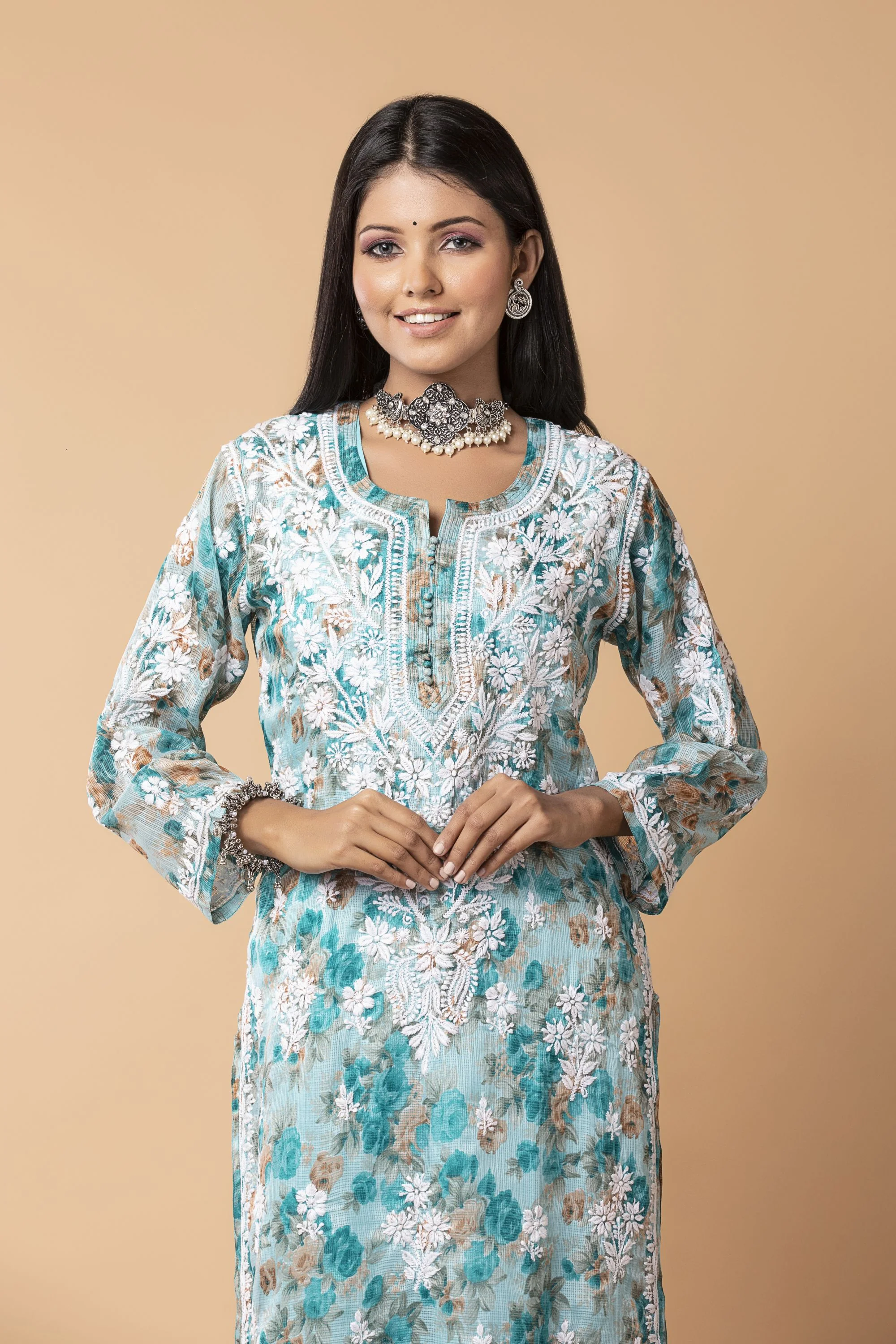Lucknowi Chikankari Handwork Floral Print Embroidered Mul Mul Cotton Women's Kurta