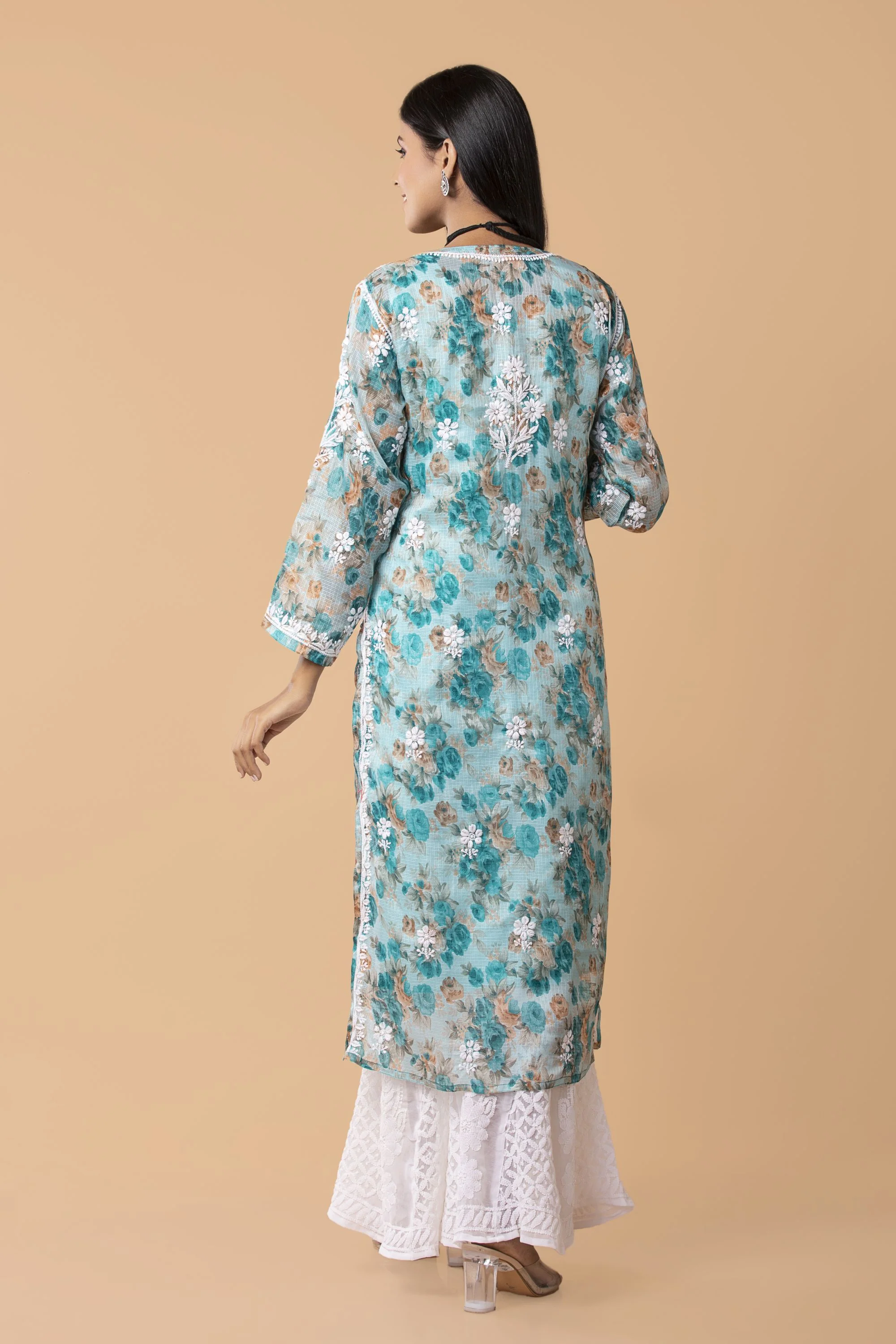 Lucknowi Chikankari Handwork Floral Print Embroidered Mul Mul Cotton Women's Kurta