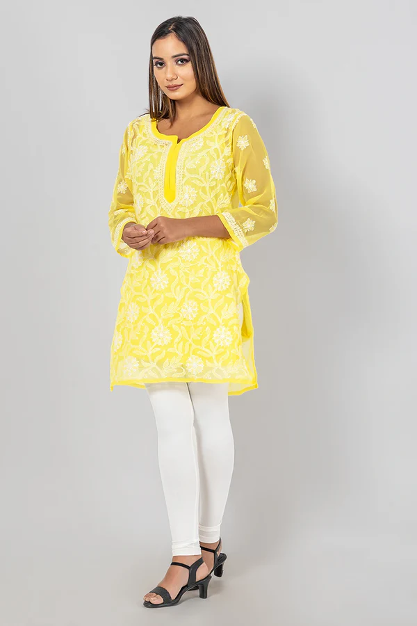 Lucknowi Chikankari Handwork Embroidered Women's Yellow Embroidered Kurti
