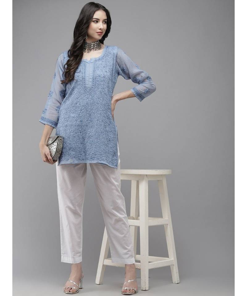Ruhi chikankari Grey Short Top for Women.