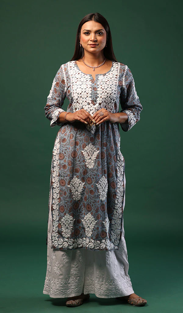 Embroidered Floral Cotton Print Grey Kurti for Women