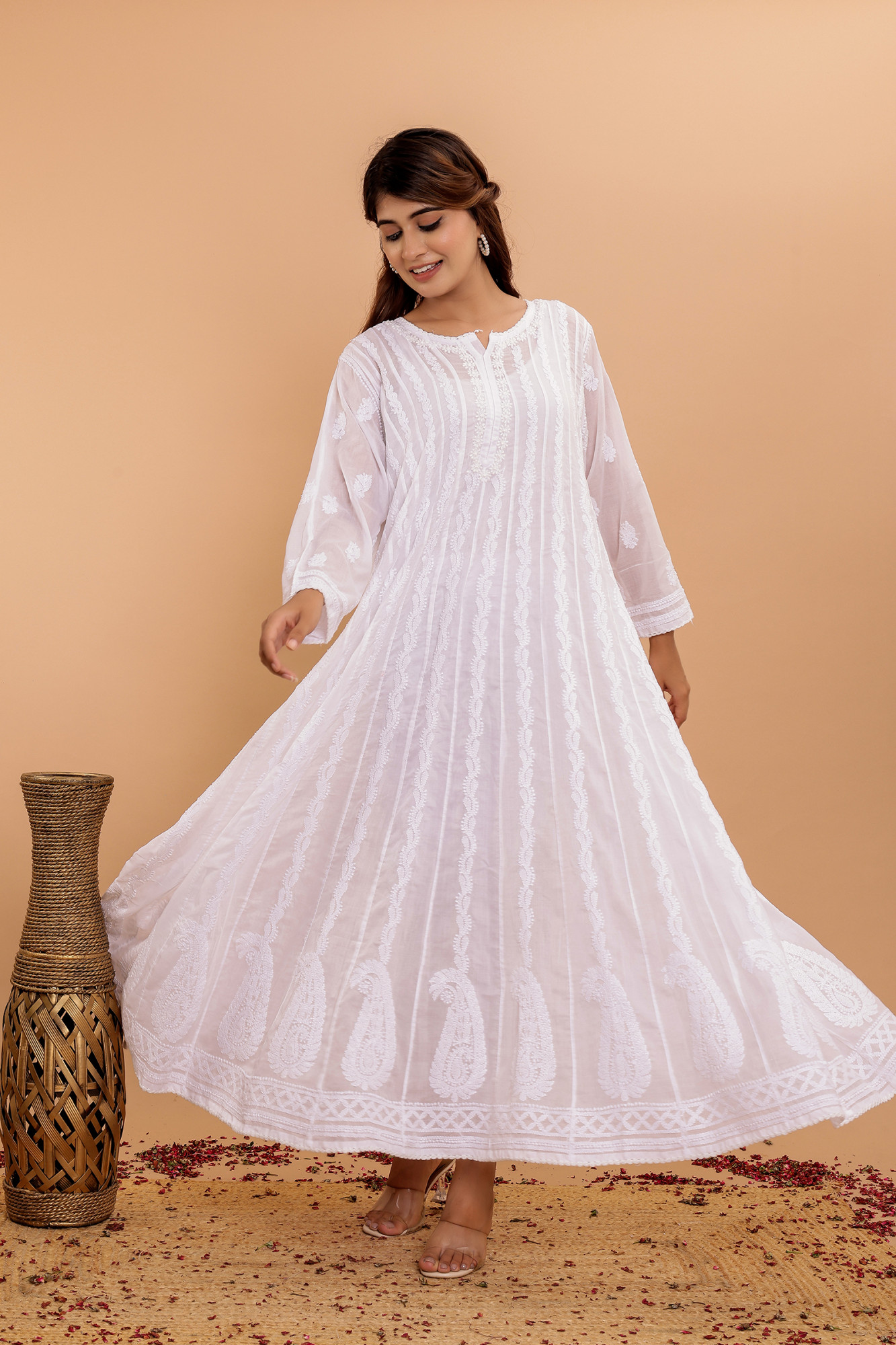 Lucknowi Chikankari White Anarkali Gown For Women.
