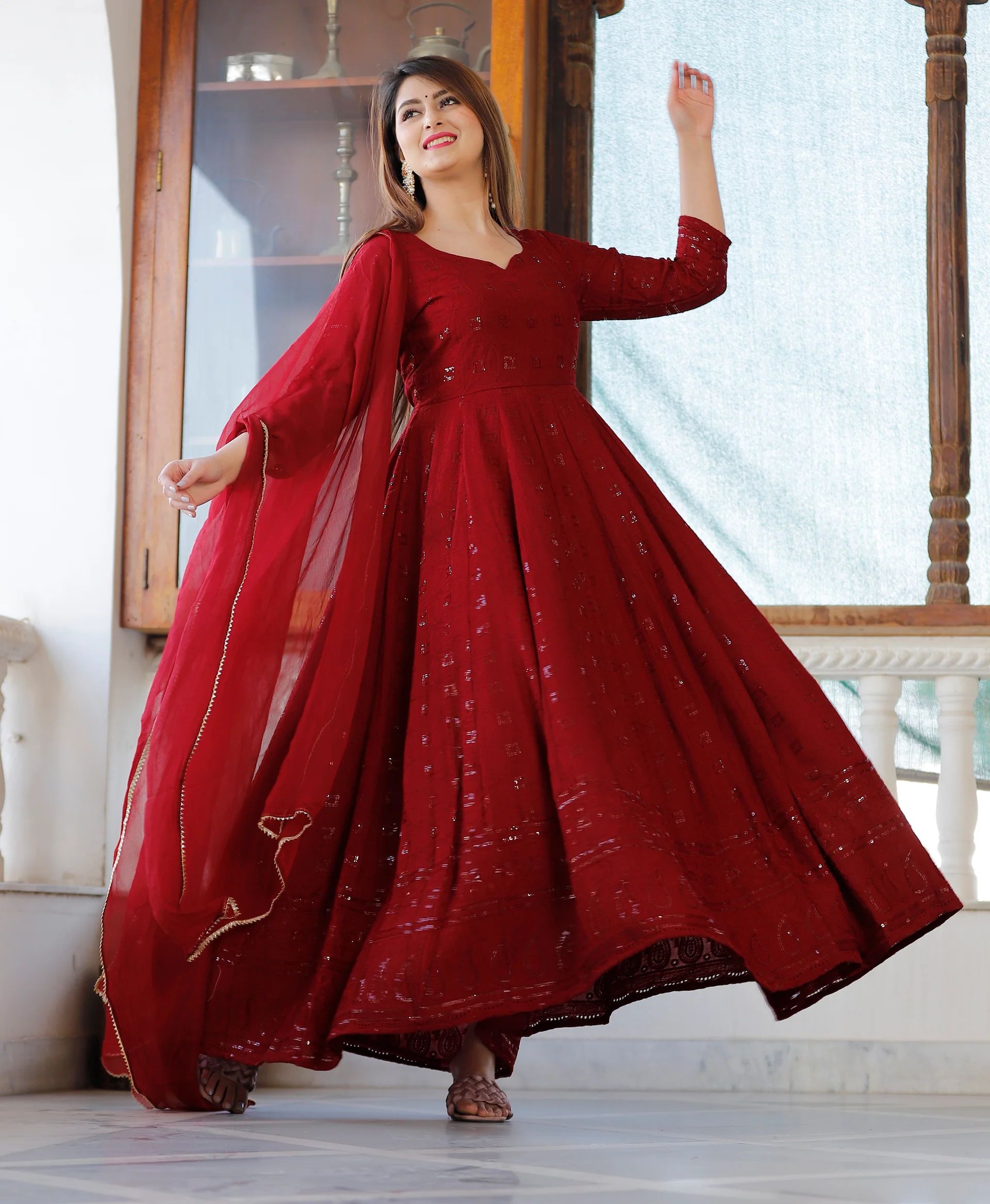 Chikankari Red Anarkali Gown For Women.
