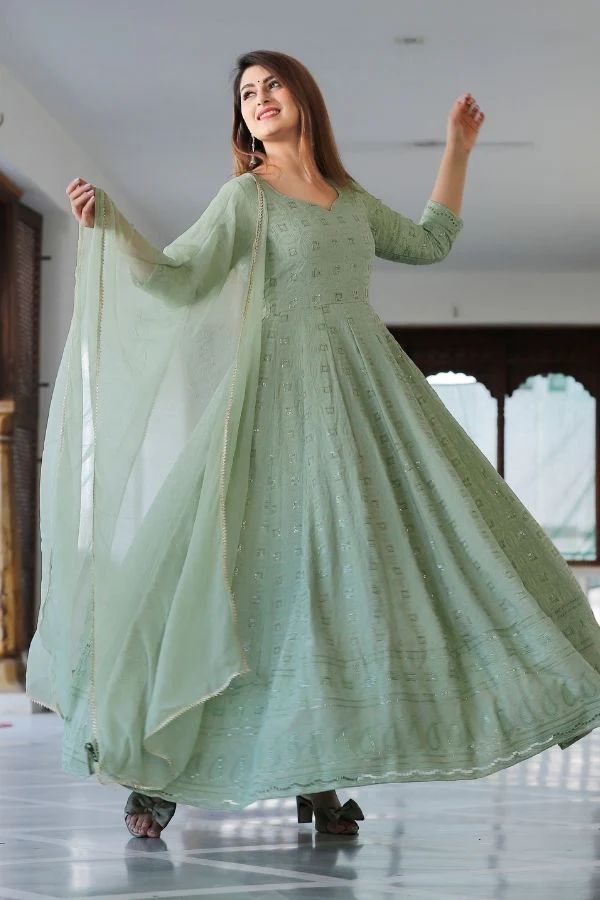 Chikankari Grey Anarkali Gown For Women.