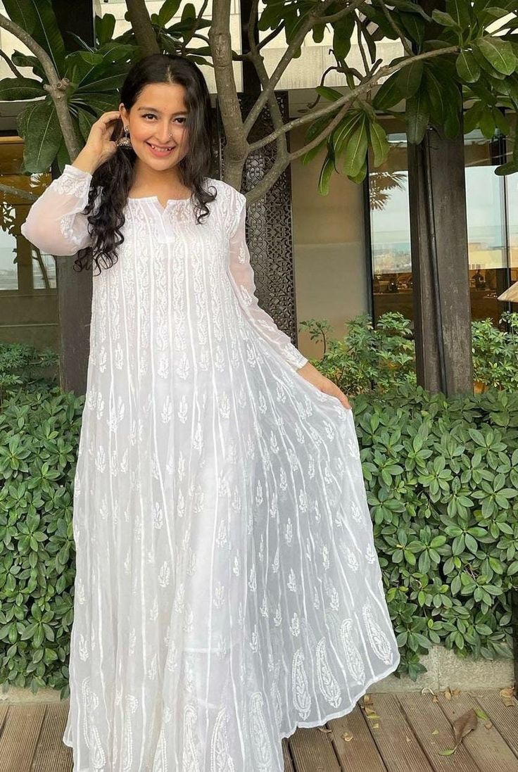 Lucknowi Chikankari White 56 kali Anarkali gown for Women