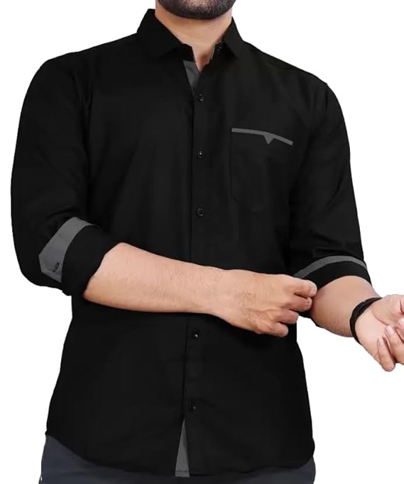 Black Cotton Casual Shirt with Pocket Design with Spread Collar & Full Sleeves