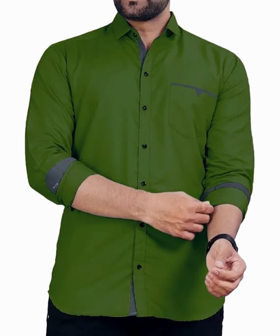 Forest Green Cotton Casual Shirt with Pocket Design with Spread Collar & Full Sleeves