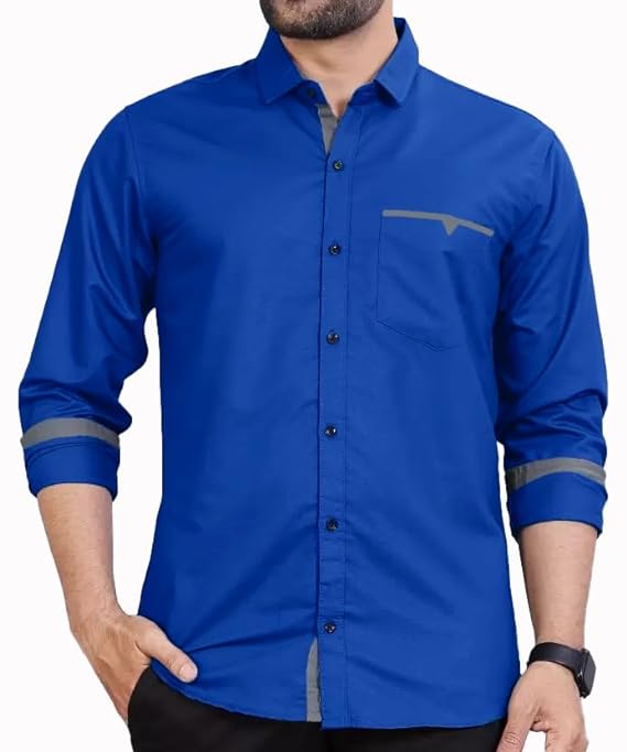 Blue Cotton Casual Shirt with Pocket Design with Spread Collar & Full Sleeves