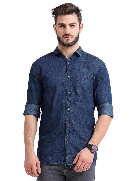 Dark Blue Men's Casual Denim Regular Fit Shirt