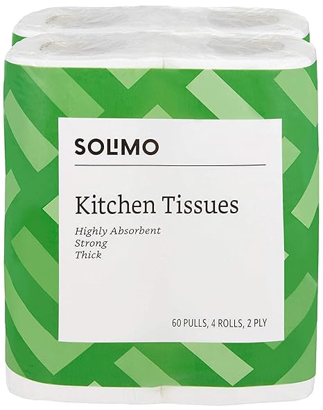 Solimo 2 Ply Kitchen Tissue/Towel Paper Roll 240 pulls | 60 pulls X 4 Rolls | soft and highly absorbent | 100% Natural Virgin Cellulose Fiber