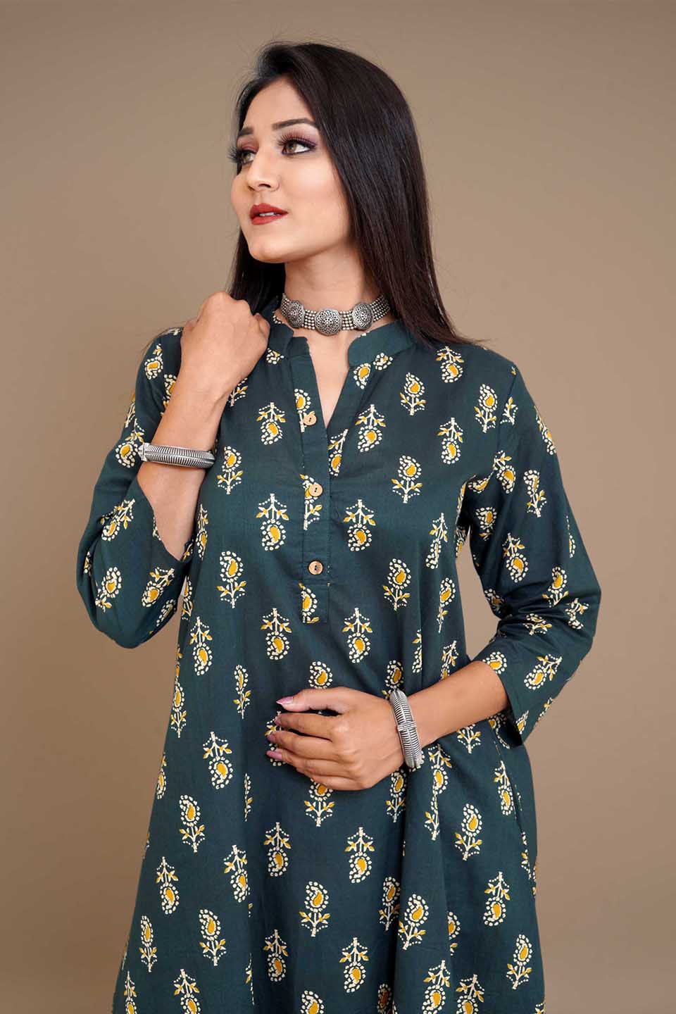 Green Pure Cotton Printed A-line Printed Kurti