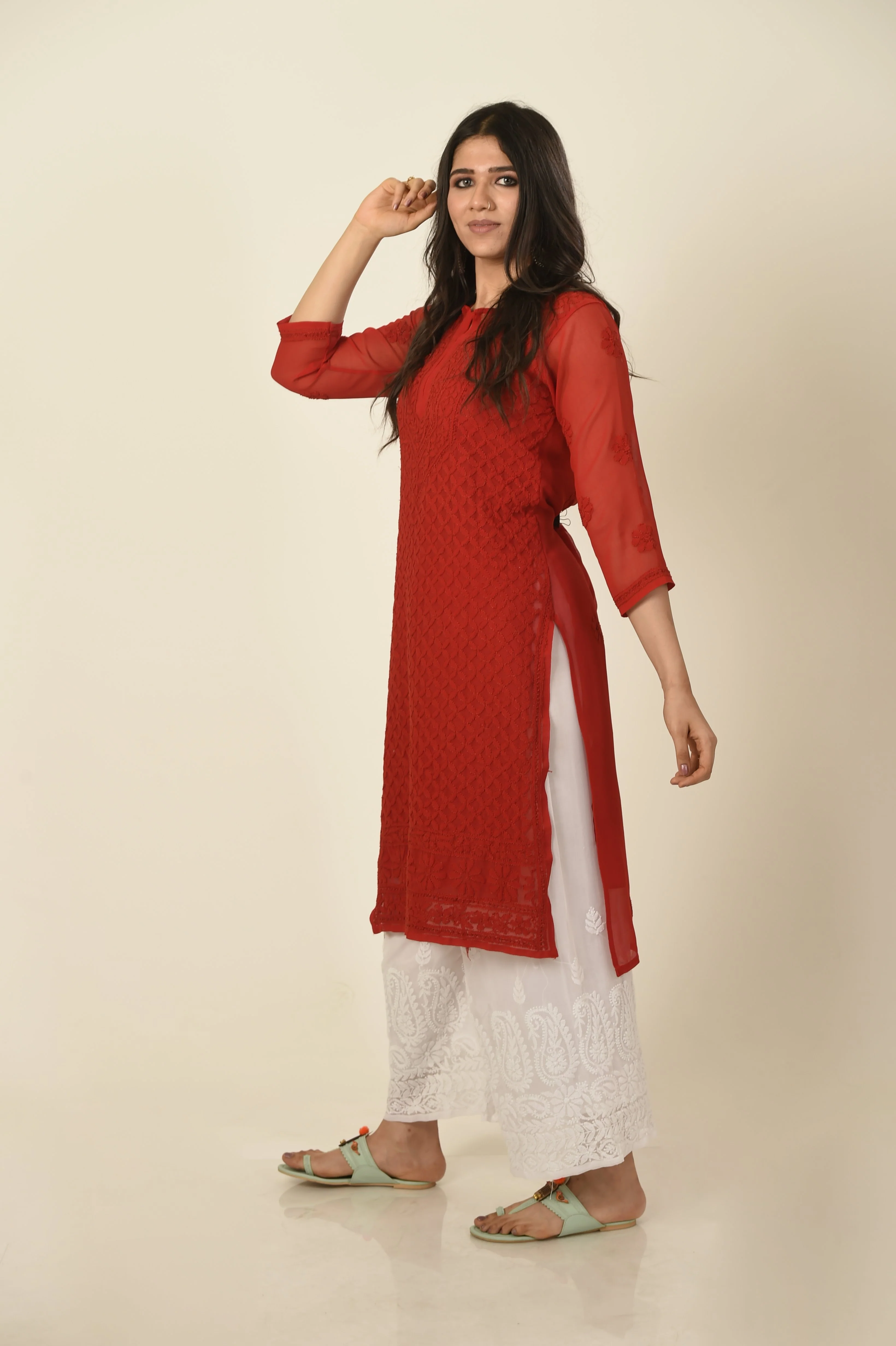 Red kurta with white palazzos