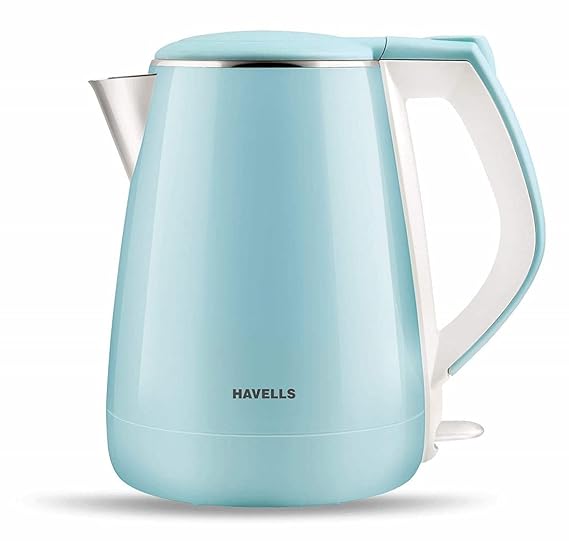 Havells Electric Kettle Aqua Plus 1250 Watts 1.2 liters , Double Layered Cool Touch Outer Body | 304 Rust Resistant SS Inner Body with Auto Shut Off | Wider Mouth | 2 Yr Manufacturer Warranty (Blue)