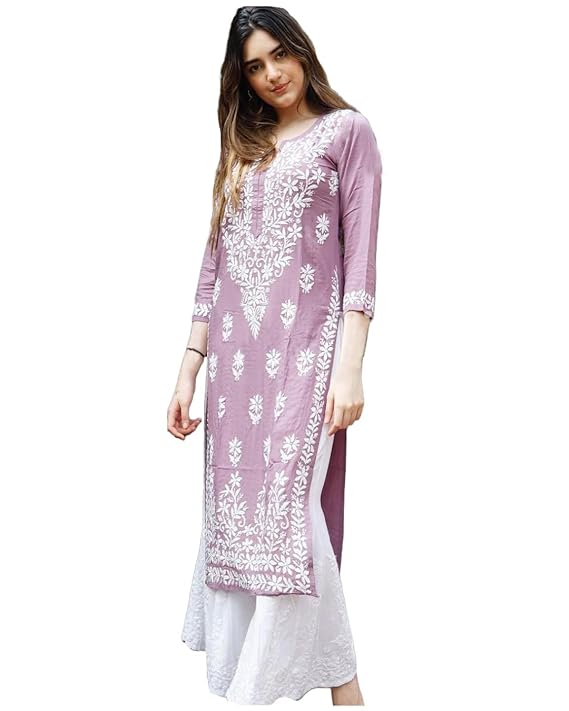 Women's Cotton Blend Straight Chikankari Embroidered Kurta