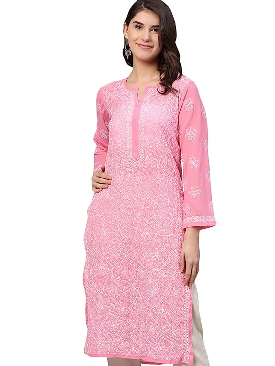 Lucknowi Hand Embroidered Chikankari Straight Georgette Kurti Kurta for Women