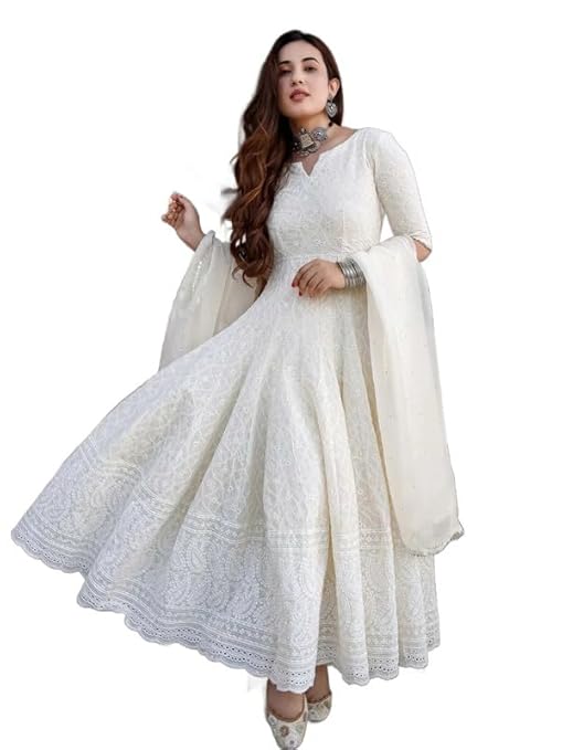 Women's Lakhnavi Anarkali Cotton Chikankari Kurti with Dupatta|Anarkali Kurti for Women|Kurta for Women