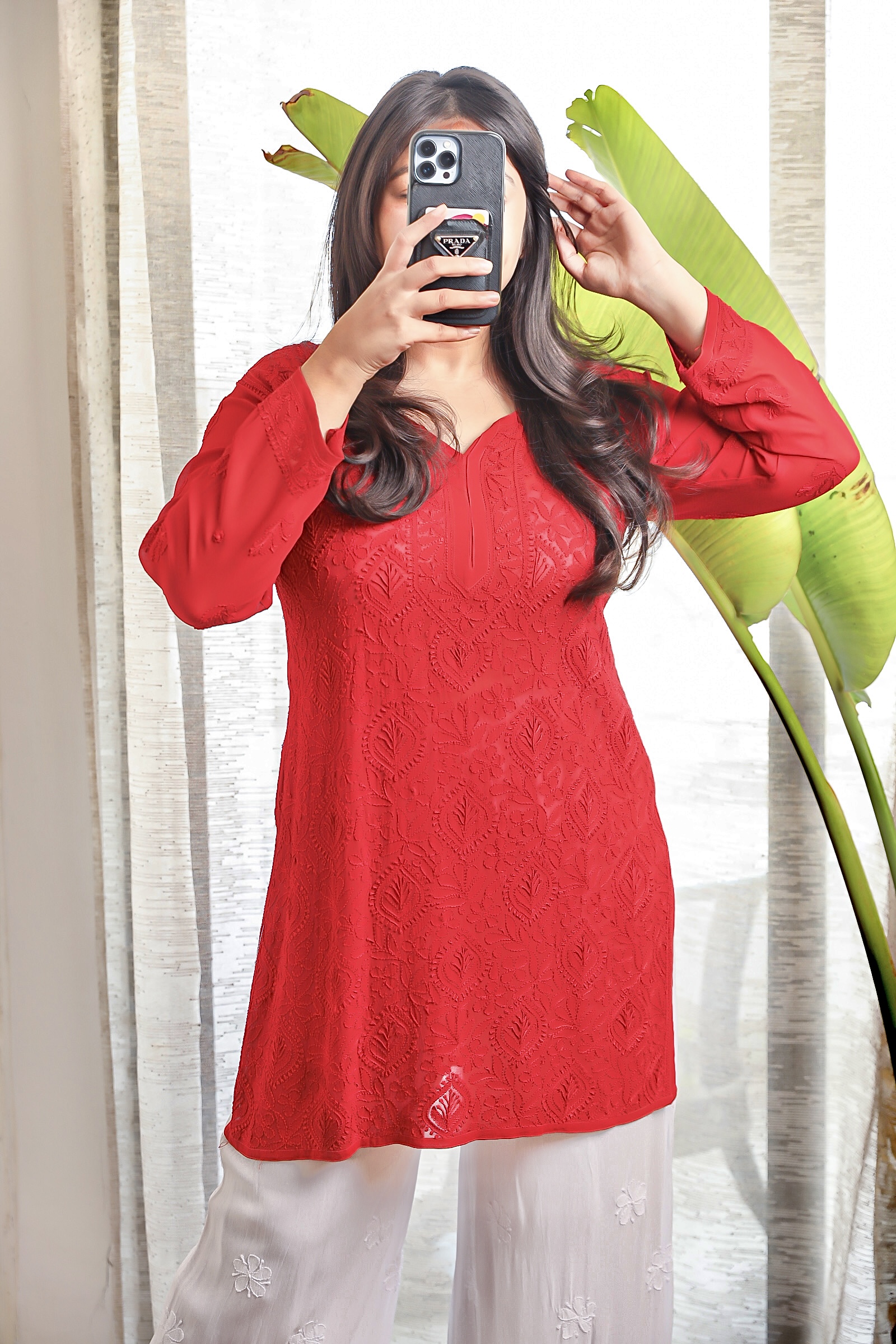 Rubi Chikankari Short Red Kurti 