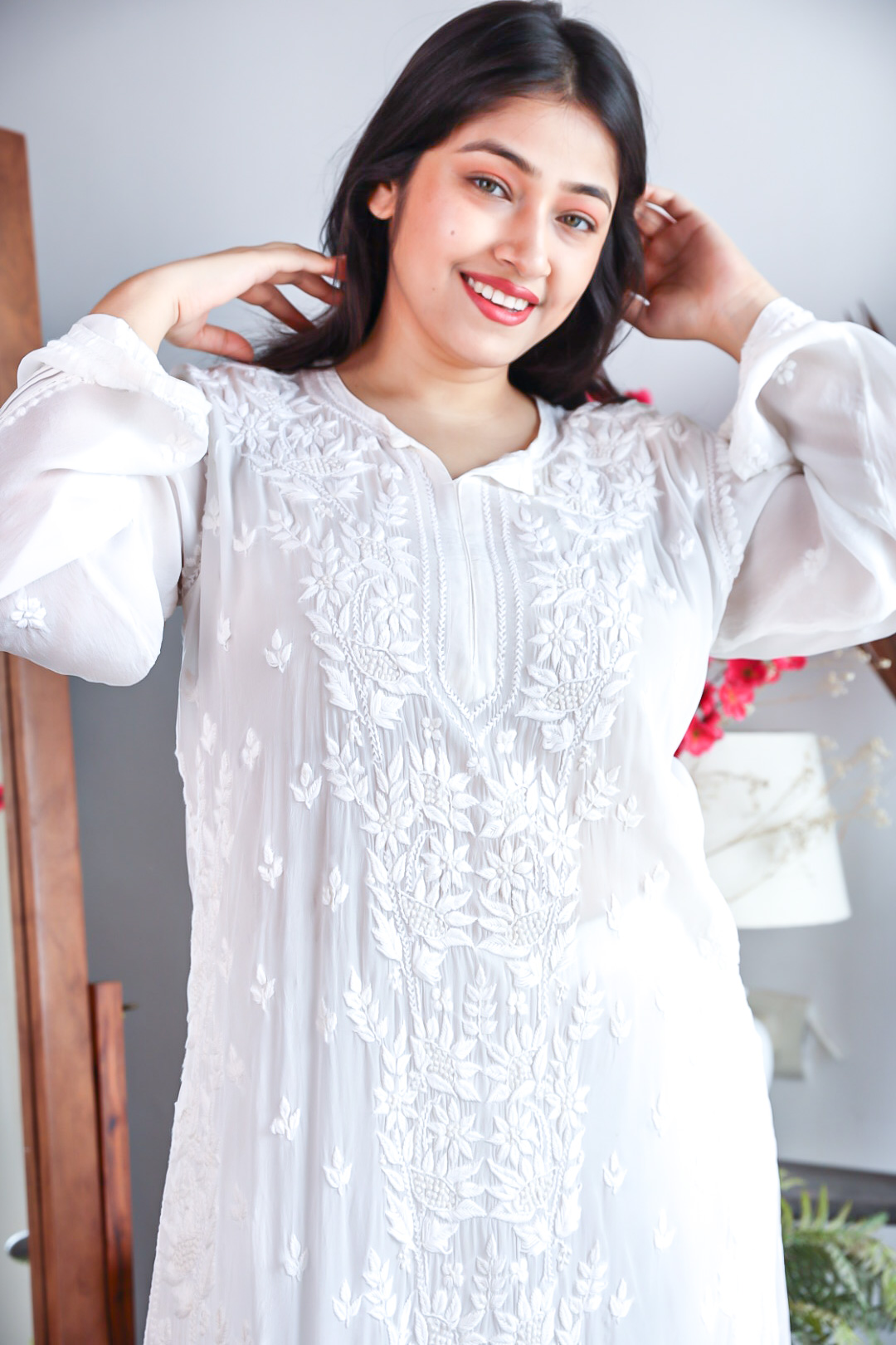 CHIKANKARI WHITE LONG KURTI