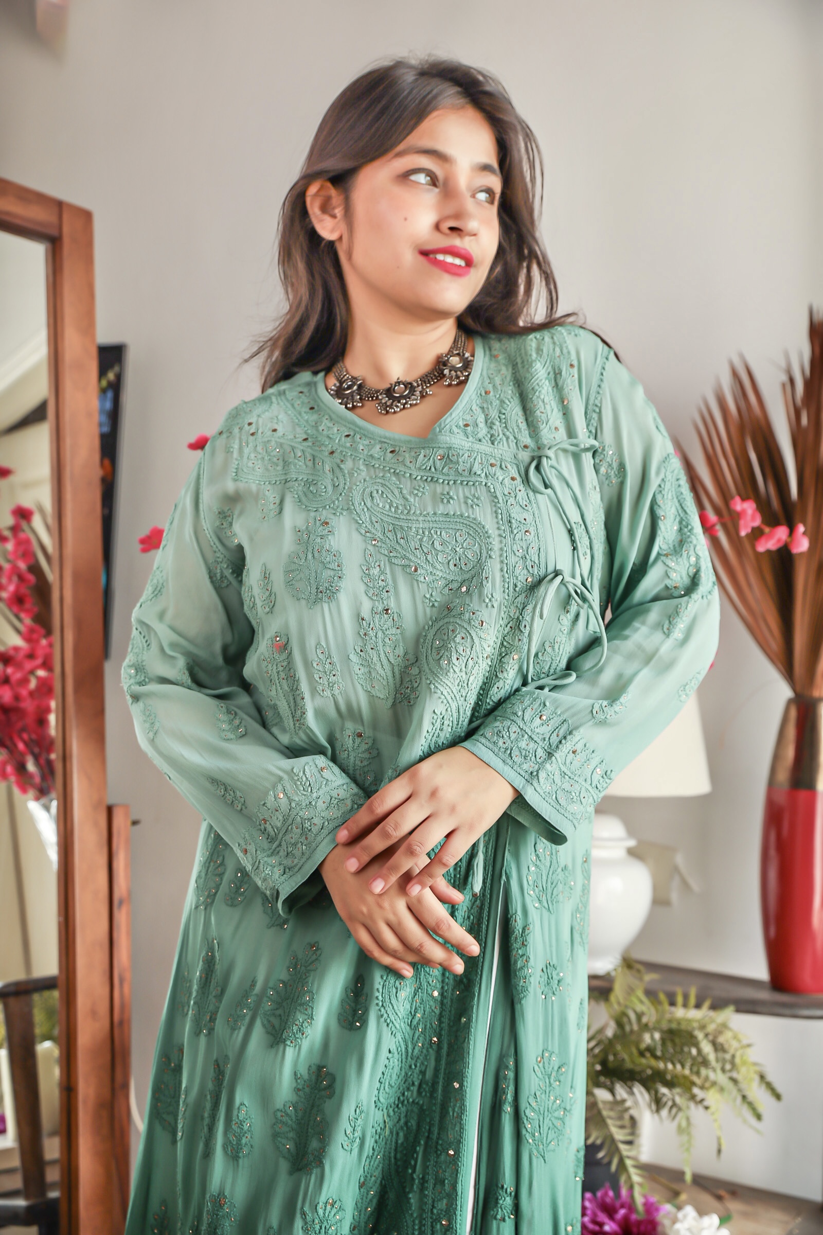 Handwork Rayon Long Green Kurti 