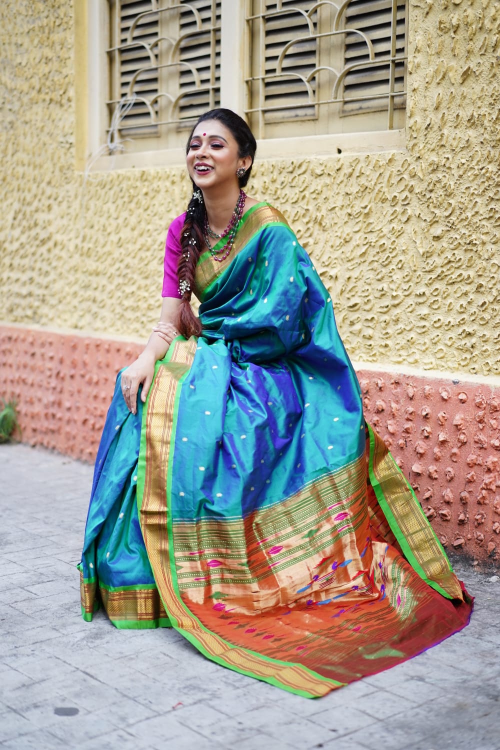 Peacock colour silk paithani saree