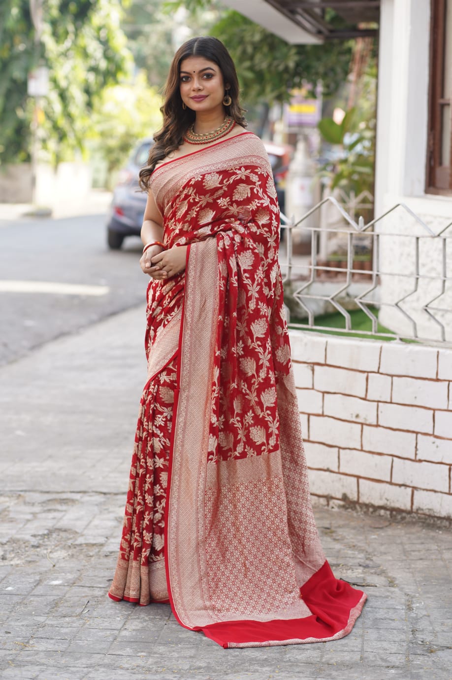 Red Khaddi Georgette Benarasi saree.