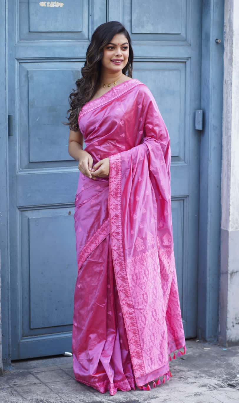 Pink Assam silk saree
