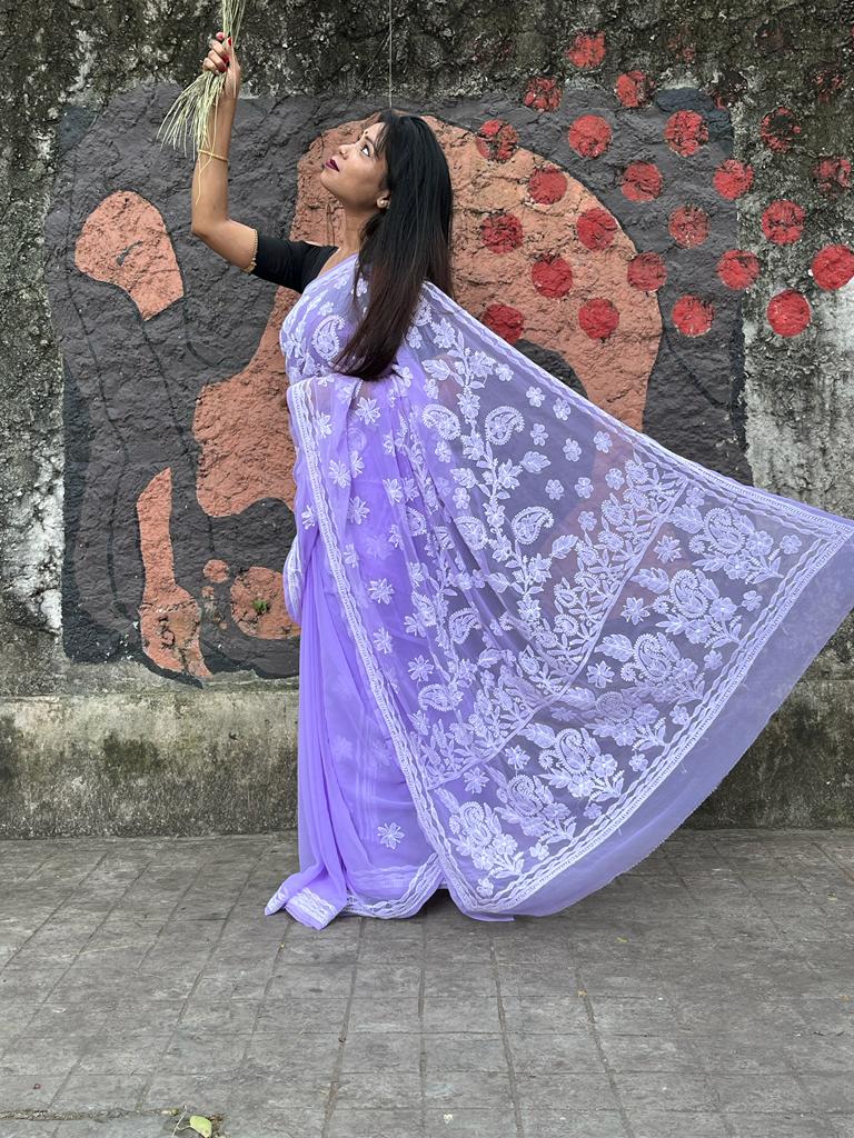 Lucknowi Chikankari Handwork Purple Saree.