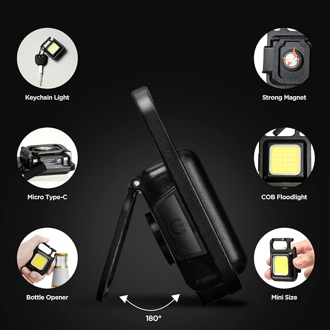 Led Mini Cob Keychain and Magentic Flashlight Portable USB Rechargeable Light 3 Light Modes with Folding Bracket