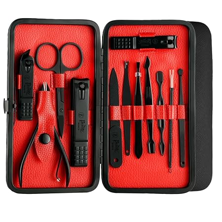 Beauté Secrets Essentials Manicure Set Nail Clippers, Stainless Steel Nail Scissors Grooming Kit, Acne needle, Blackhead Tool Leather Travel Case (Red)