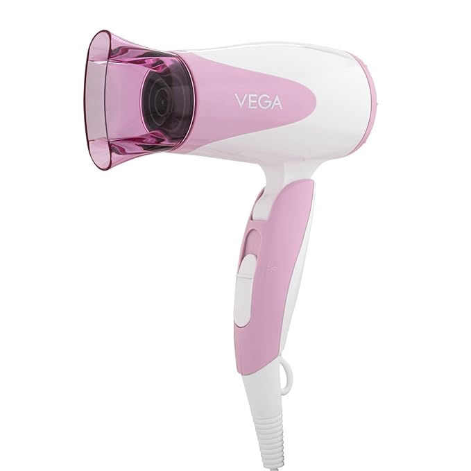 Vega Blooming Air Foldable 1000 Watts Hair Dryer for Women with Quick Dry, Flexiable Heat Setting and Detachable Nozzle, Automatic Overheat Cutout (VHDH-05), (Made in India), Pink