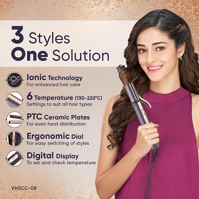 Vega Ionic 3 in 1 Hair Styler: Straightener, Curler & Crimper with Ionic Technology, PTC Ceramic Plate, 6 Temperature Settings, Digital Display, Moisture Locking for Women