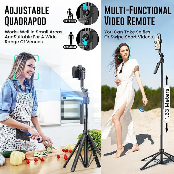 WeCool S8 AI-Powered Selfie Stick for Mobile, Auto Face Tracking Tripod with 360° Auto Rotating Selfie Stick, 68-inch/173 cm Long Aluminum Extension for Mobile & Camera with Quad-Leg Stability.
