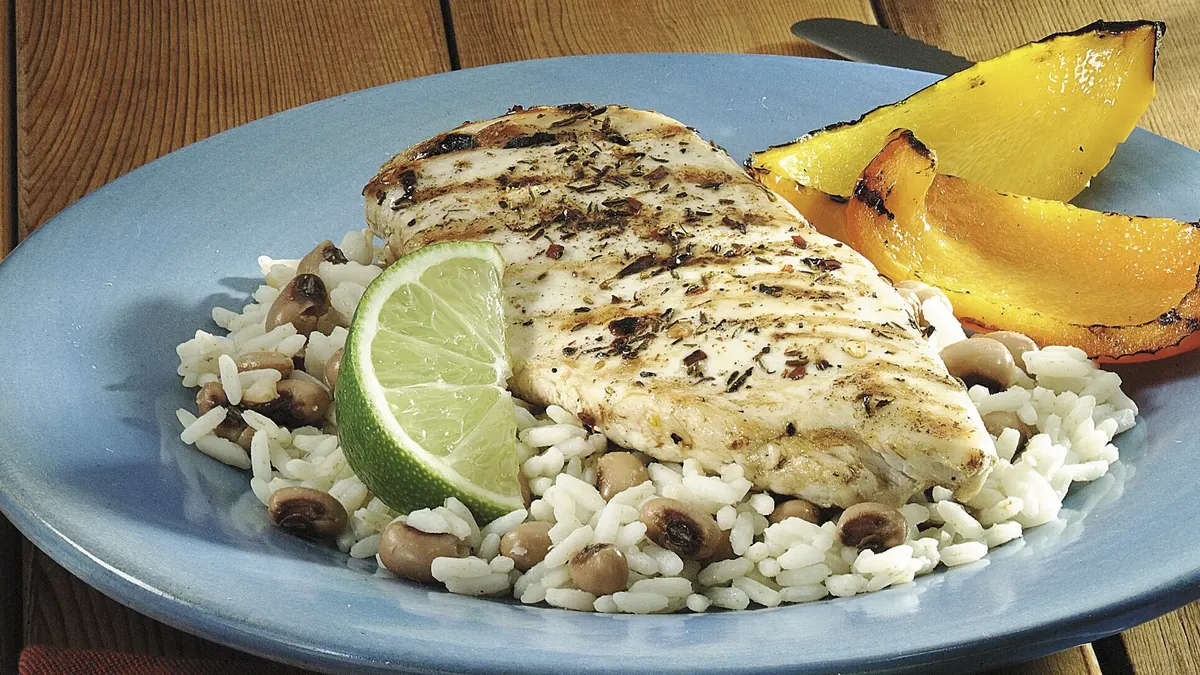 Grilled Rosemary Lemon Chicken with Coconut Ginger Rice and Blacked Peas
