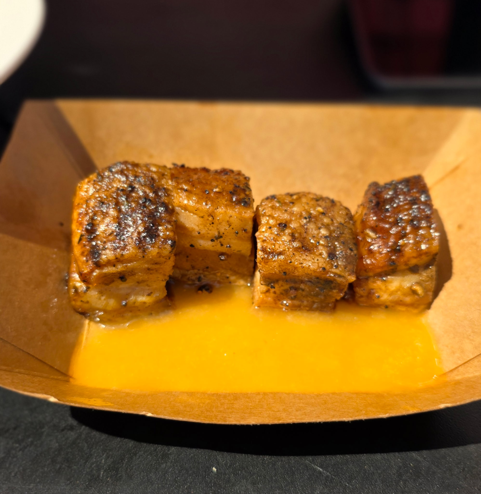 Peach Hot Honey Pork Belly Bites