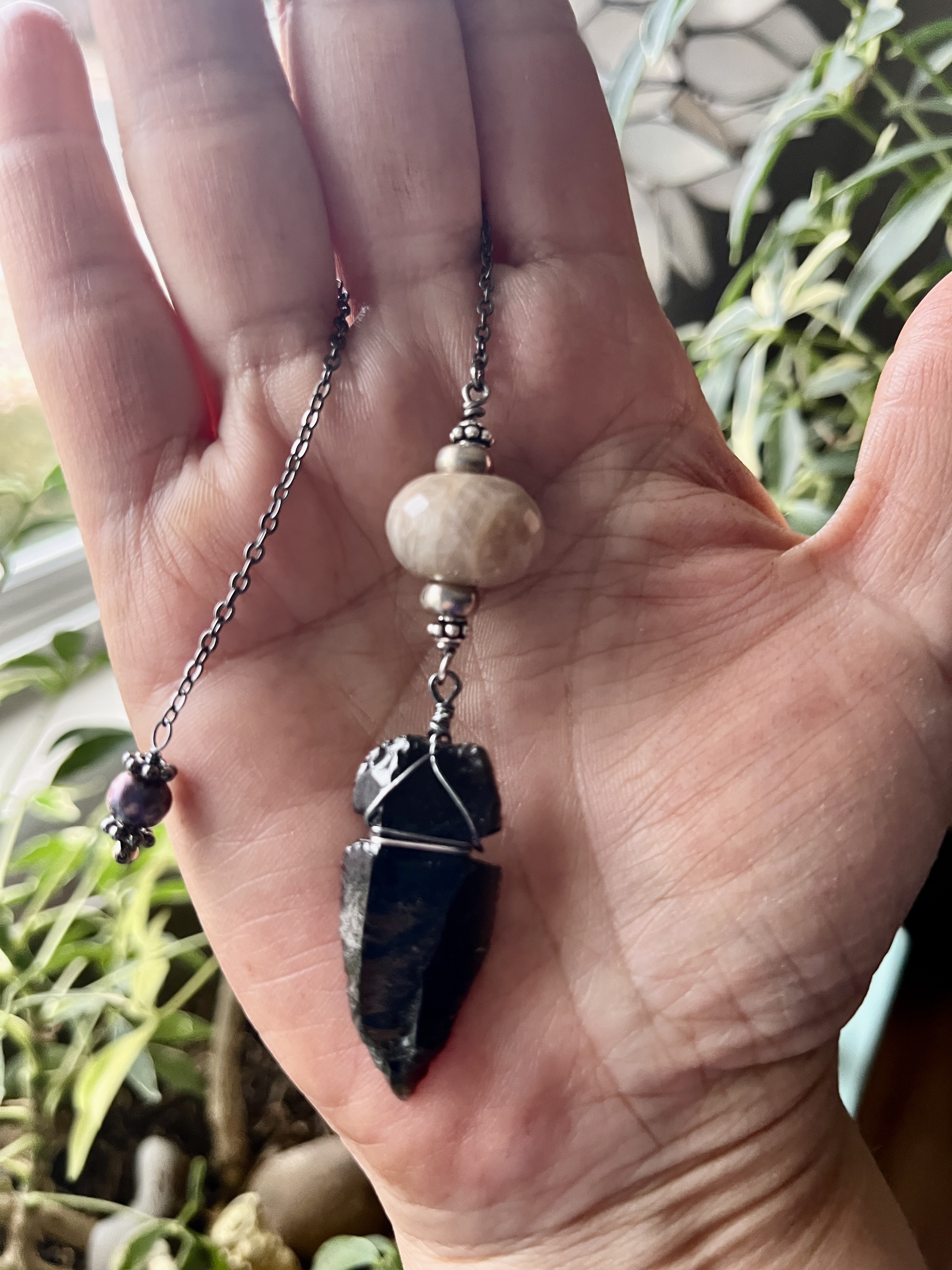 Pendulum- Black Obsidian Arrowhead & Moonstone