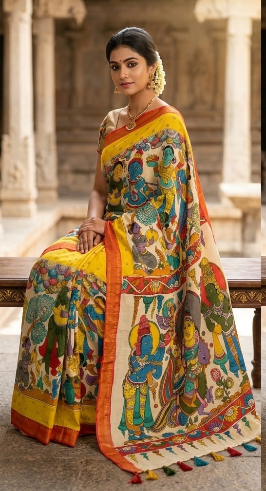 Hand painted kalamkari silk saree