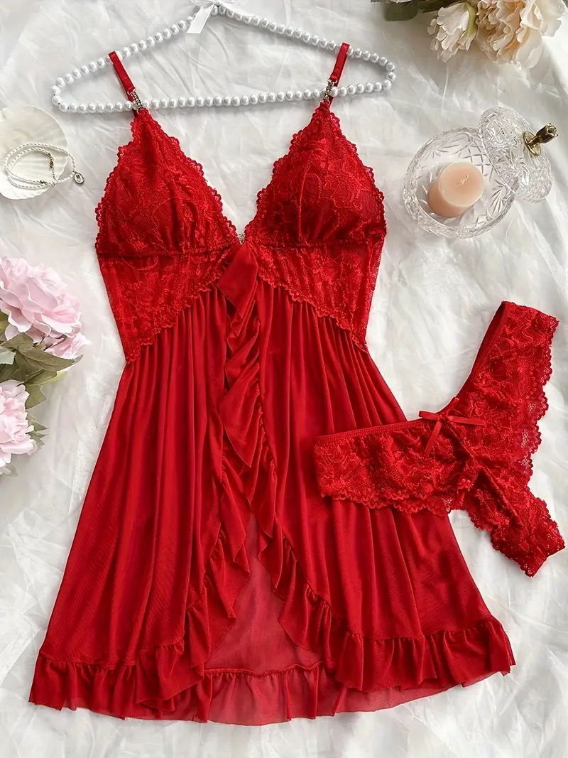 Elegant Women's Lace Slip Dress Pajama Set - V-Neck, Backless with Ruffle Hem & Matching Shorts