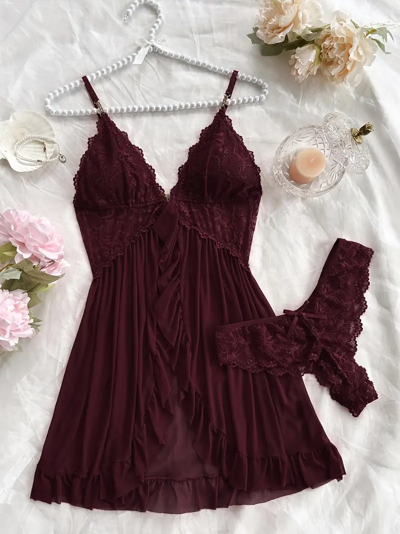 Elegant Women's Lace Slip Dress Pajama Set - V-Neck, Backless with Ruffle Hem & Matching Shorts