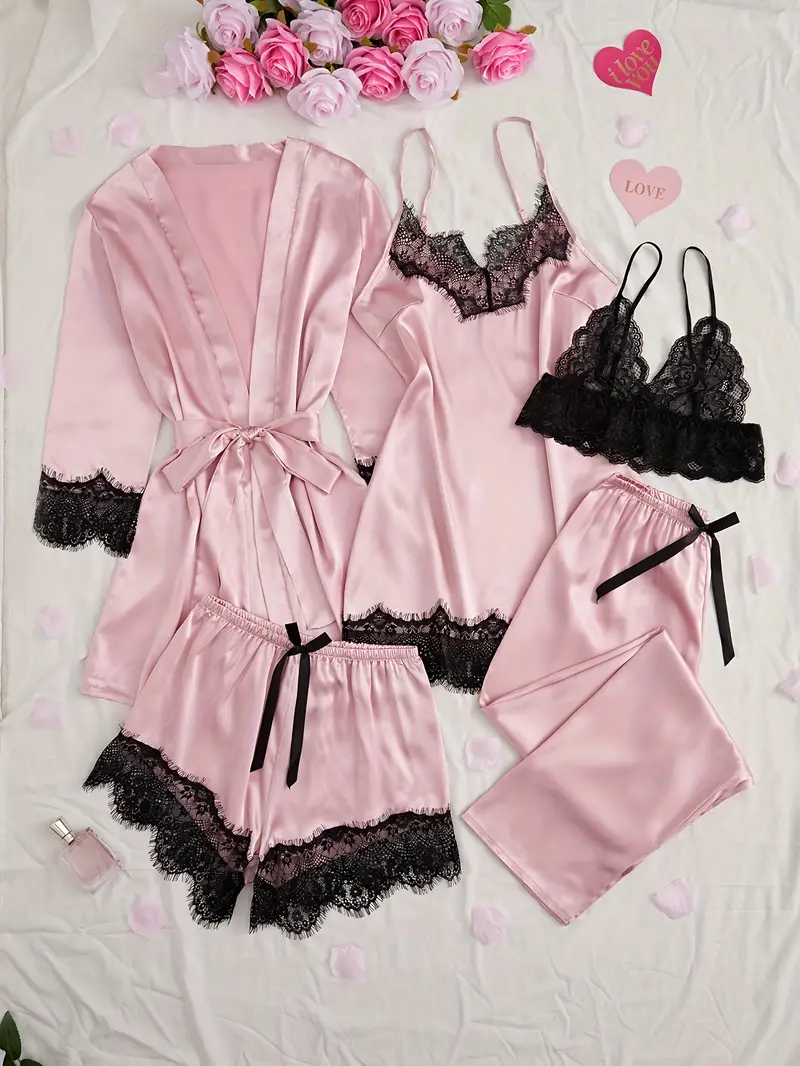 Elegant Lace-Trimmed Satin Clothing Set for Women - Long Sleeve, V-Neck Top 